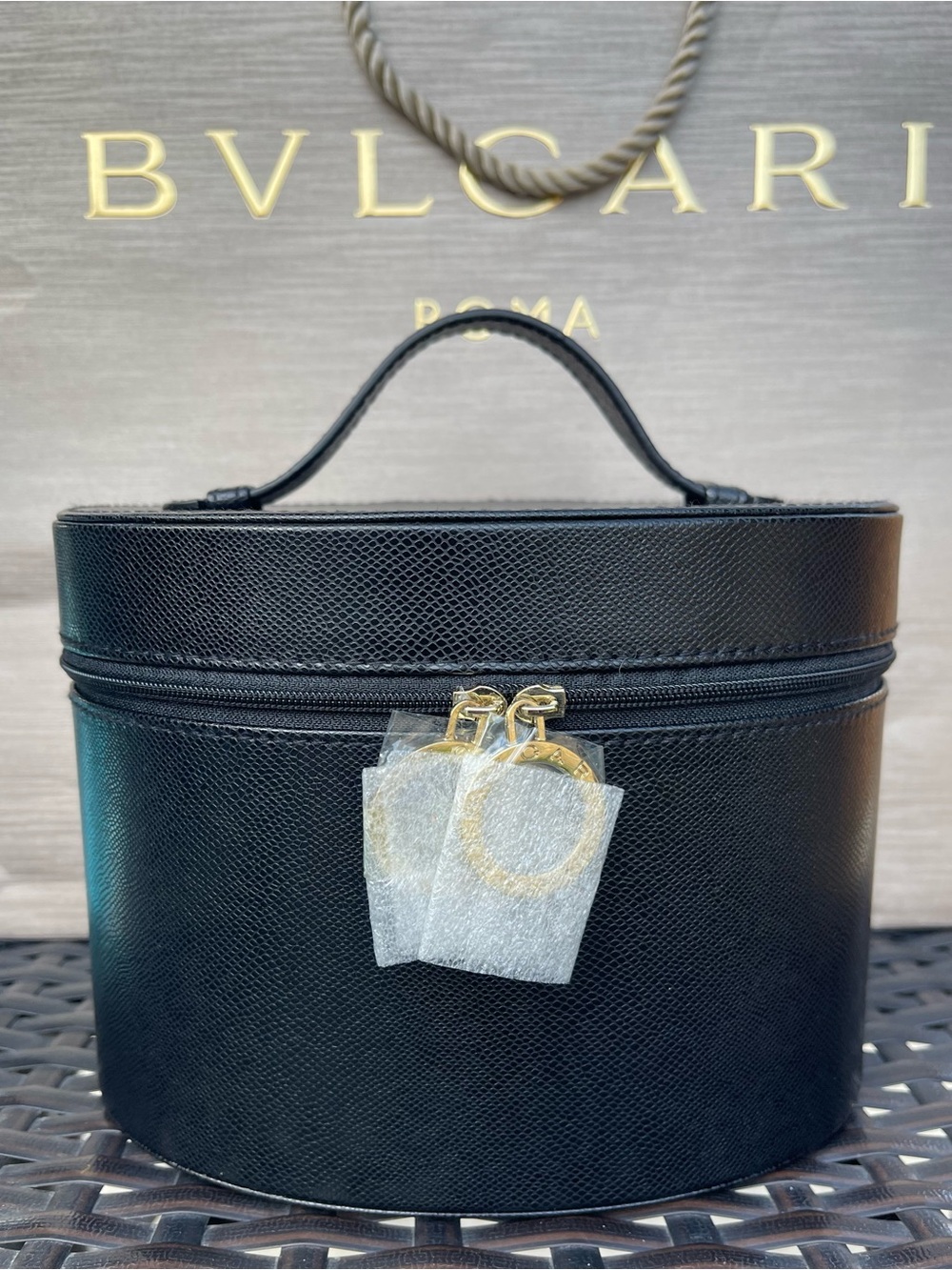 Bulgari Black Leather Round Vanity Case with Gold Hardware